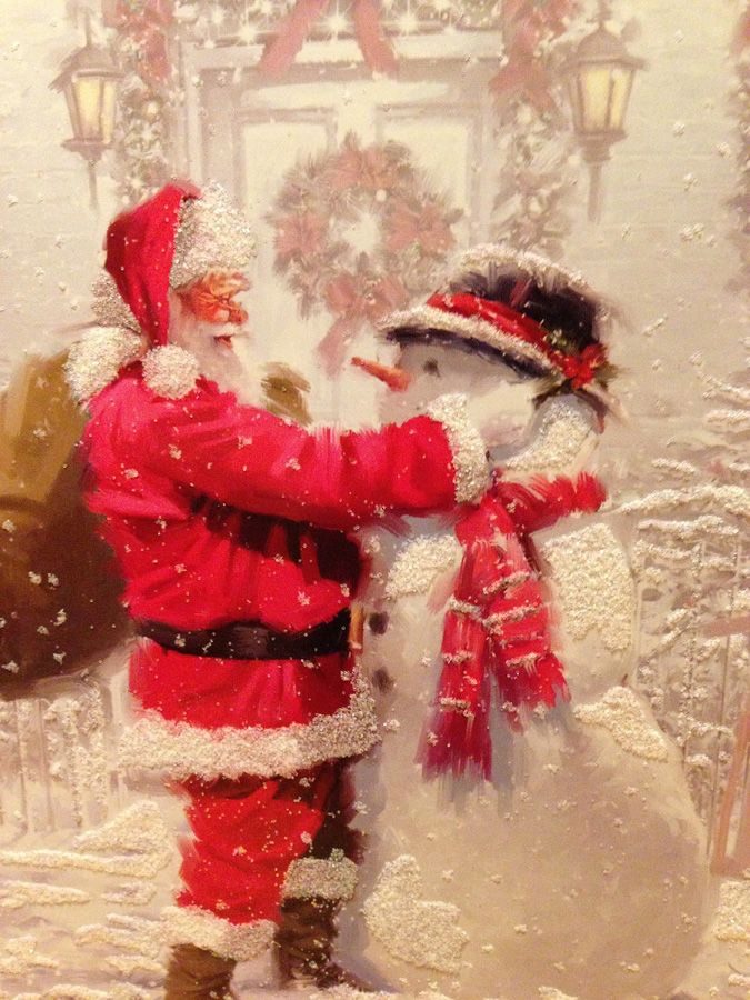 Le fameux Père Noël en plein travail, avec un bonhomme de neige en hiver